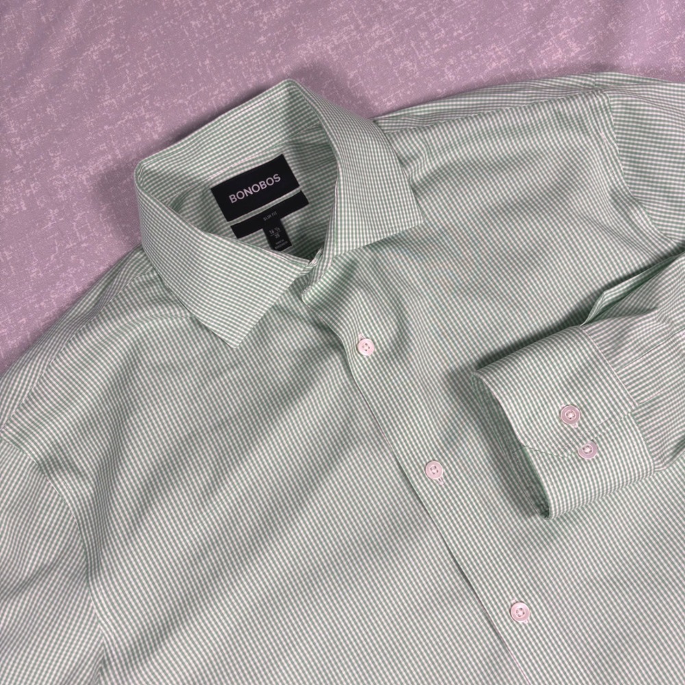 Bonobos Slim Fit Mens Green White Gingham Stretch Dress Shirt‎ Long Sleeve